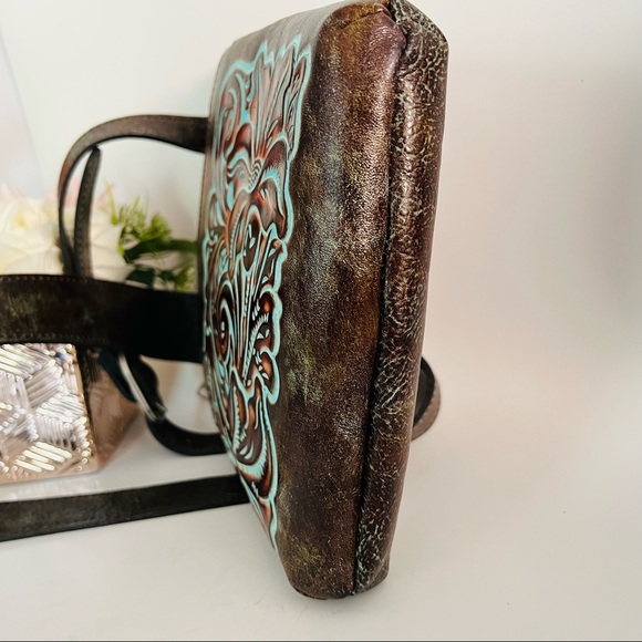 Patricia Nash Crossbody Bag Tooled Turquoise Stipes Sling Crossbody Bag - Picture 11 of 16